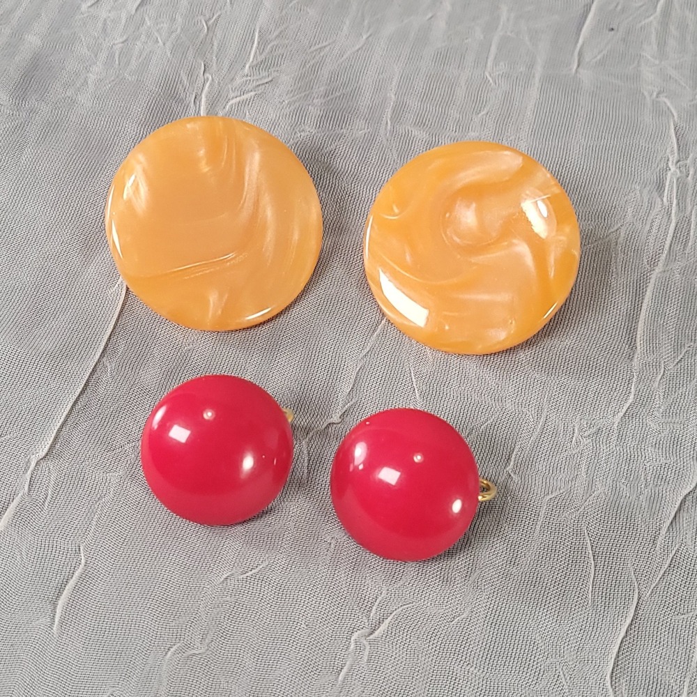 Vintage Lucite Clip On Earring Lot 2 Orange Marbled & Red Dome Disc Jewelry